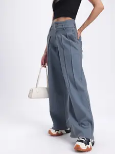 glitchez Women Mid-Rise Stretchable Wide Leg Jeans with Front Pleats