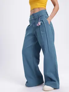 glitchez Women Mid-Rise Stretchable Wide Leg Jeans with Front Pleats