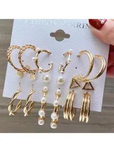 Celestique Set Of 9 Korean Gold-Plated Pearls Beaded Contemporary Half Hoop Earrings