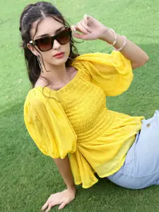 Sera Women Sunburst Smocked Baloon Sleeve Glow-Up Essential Top