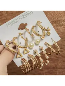 Celestique Set Of 9 Korean Gold-Plated Pearls Beaded Contemporary Half Hoop Earrings