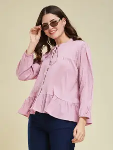 J Turritopsis Women Solid Tie-Up Neck Puff Sleeves Blouson Top