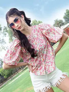 Sera Women Pastel Bloom Baloon-Sleeve Vintage Garden Premium Pure Cotton Top