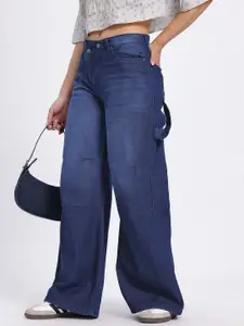 glitchez Women Strap Detail Asymmetric Closure Wide Leg Jeans