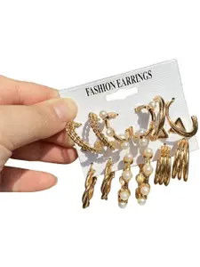 Celestique Set Of 9 Korean Gold-Plated Pearls Beaded Contemporary Half Hoop Earrings