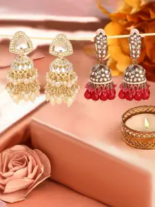 Zaveri Pearls Set Of 2 Gold-Plated Stones & Beaded Statement Dome Shaped Jhumkas