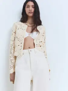 MANGO Openwork Crochet Knit Front Open Sweater