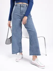 glitchez Women Wide Leg High-Rise Frayed Light Fade Jeans