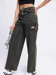 glitchez Women Cut Out Detail Baggy Fit High-Rise Light Fade Jeans