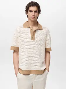 MANGO MAN Open Knit Polo Collar Relaxed T-shirt