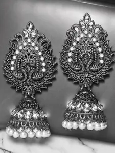 Sangria Artificial Stones Studded & Beaded Dome Shaped Oxidised Jhumkas