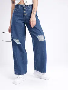 glitchez Women Baggy Fit High-Rise Mildly Distressed Jeans