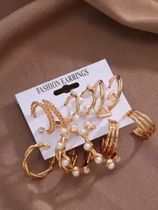 Celestique Set Of 9 Korean Gold-Plated Pearls Beaded Contemporary Half Hoop Earrings