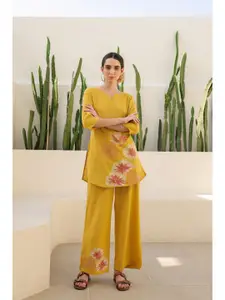 JISORA Women's Yellow Embroidered Cotton Top With Trousers Co-Ord Set