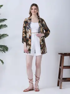 Qurvii Ethnic Motifs Printed Mandarin Collar Open Front Casual Shrug