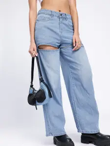 glitchez Women Cut Out Detailing Baggy Light Fade Jeans