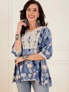 Anouk Rustic Women Floral Printed Sequinned Sequinned Pleated Kurti