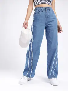 glitchez Women Frayed Detail Baggy Wide-leg High-Rise Jeans