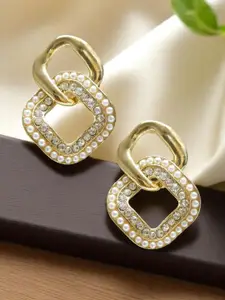 OOMPH Gold Plated Artificial Stones Studded And Beaded Square Shape Drop Earrings