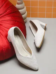 CORSICA Textured Mid-Top Party Block Pumps With Laser Cuts