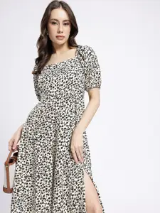 Stylecast X Hersheinbox Floral Printed Square Neck Puff Sleeves A-Line Midi Dress