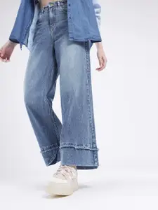 glitchez Women Frayed Wide Leg Heavy Fade Jeans