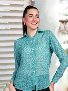 Popwings Smart Floral Semi Sheer Printed Georgette Casual Shirt
