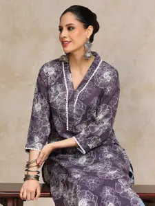 Varanga Floral Printed V-Neck Cotton Straight Kurta