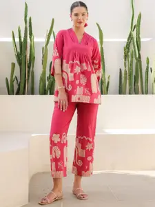 JISORA Women's Pink Printed Cotton Top With Trousers Co-Ord Set