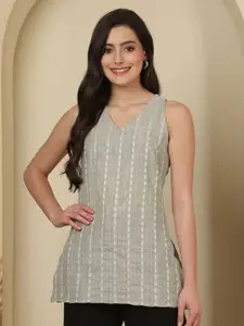 AKIMIA Women Striped V-Neck Thread Work Straight Kurti