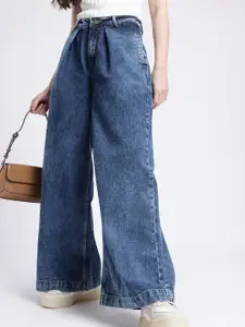 glitchez Women Wide Leg Heavy Faded Pleated Jeans