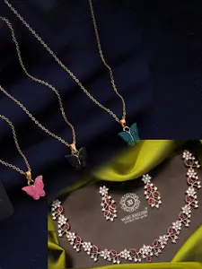Anouk Pack of 3 Stones-Studded Necklace With 1 Jewellery set