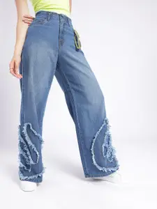 glitchez Women Baggy Wide Leg Light Faded Frayed Jeans