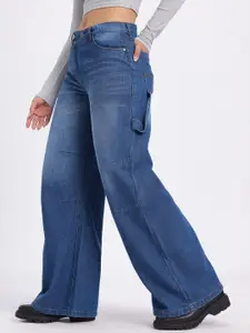 glitchez Women Strap Detail Asymmetric Closure Wide Leg Jeans