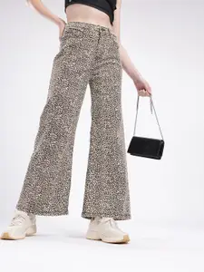 glitchez Women Leopard Printed Wide Leg Jeans