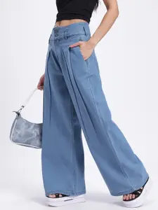 glitchez Women Mid-Rise Stretchable Wide Leg Jeans with Front Pleats