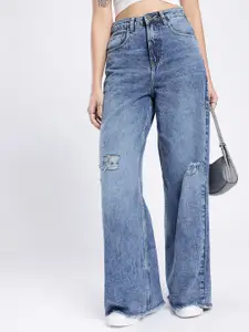 glitchez Women Distress Wide Leg Heavy Fade Frayed Jeans