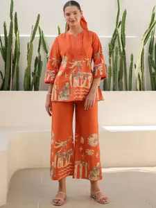JISORA Women's Orange Printed Cotton Top With Trousers Co-Ord Set