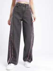 glitchez Women Frayed Baggy Wide Leg High-Rise Stretchable Jeans