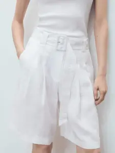 MANGO Women Linen Pleated Bermuda Shorts with Belt