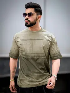 Maniac Men Striped Round Neck Cotton Oversized T-shirt