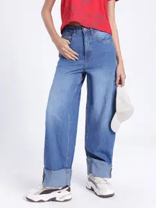 glitchez Women Faded Turn-Up Hem Baggy Jeans