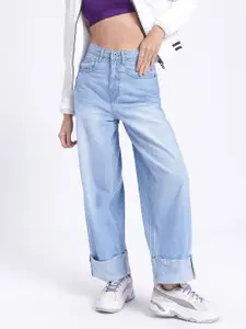 glitchez Women Comfort Denim Faded Turn-Up Hem Baggy Jeans