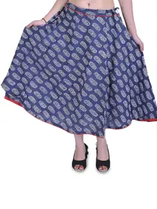 Exotic India Ensign-Blue Drawstring Printed Skirt With Piping