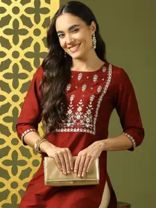 Anouk Floral Embroidered Round Neck Straight Dupion Silk Kurta