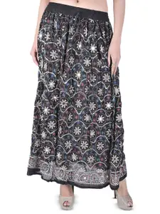 Exotic India Black Long Skirt With All-Over Sequins & Printed Flowers