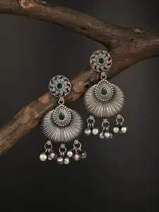 Anvik Silver-Plated Artificial Stones Studded Oxidised Circular Drop Earrings