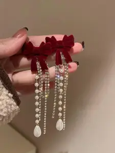 Celestique CZ Studded & Pearls Beaded Bow Shaped Korean Tasselled Drop Earrings