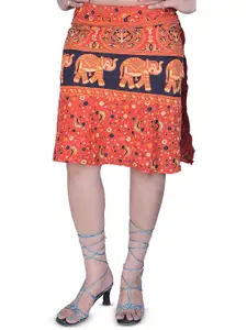 Exotic India Scarlet Wrap-Around Mini-Skirt With Printed Elephants & Flowers