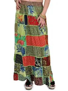Exotic India Long Printed Dori Skirt From Gujarat With Patch Work
